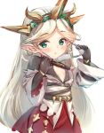  1girl aqua_eyes bodysuit breasts center_opening dress eyewear_removed glasses granblue_fantasy hairband harvin long_hair lowres pointy_ears small_breasts very_long_hair white_background white_hair zahlhamelina 