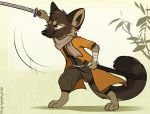  2019 anthro aseethe black_nose brown_fur canid canine canis clothed clothing digital_media_(artwork) domestic_dog fur german_shepherd herding_dog holding_object holding_weapon male mammal melee_weapon pastoral_dog solo sword weapon yellow_eyes 
