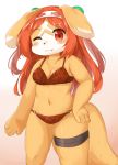  2018 anthro blush bra breasts brown_fur canid canine canis clothed clothing domestic_dog eigetsu female fur hair hi_res lingerie looking_at_viewer mammal navel one_eye_closed panties red_eyes red_hair simple_background solo standing underwear white_background white_fur 