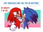  anthro arepakarma blush clothing confusion dialogue duo echidna embarrassed eulipotyphlan eye_contact gloves hedgehog knuckles_the_echidna looking_at_another male male/male mammal monotreme poking smile sonic_(series) sonic_the_hedgehog standing sweat 