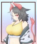  1girl absurdres animal_ears animal_print artist_name bare_shoulders black_hair blue_background blush breasts collarbone commentary_request cow_ears cow_horns cow_print cow_tail crop_top cube85 fang fang_out frills gradient gradient_background haori highres horns huge_breasts japanese_clothes long_sleeves looking_at_viewer midriff multicolored_hair navel off_shoulder outside_border pink_background purple_background red_eyes short_hair signature silver_hair smile solo sports_bra stomach tail thick_eyebrows touhou two-tone_hair upper_body ushizaki_urumi wide_sleeves 