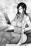  1girl black_hair breasts chair clipboard desk glasses greyscale labcoat large_breasts legs_crossed long_hair looking_at_viewer monochrome nayuzaki_natsumi pantyhose sitting solo stethoscope 