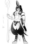  anthro anubian_jackal anubis bulge canid canine canis clothed clothing deity digitigrade egyptian_mythology gbr01_tiger hi_res hood jackal kemono leggings legwear male mammal middle_eastern_mythology midriff monochrome muscular mythology simple_background sketch solo speedo staff swimwear underwear white_background 