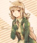  1girl bangs blush brown_background brown_dress brown_eyes brown_hair cardigan collared_dress copyright_name danganronpa dress eyebrows_visible_through_hair green_cardigan grey_skirt hair_ornament hairclip highres hood hood_down hooded_cardigan leaning_forward looking_at_viewer nanami_chiaki neck_ribbon open_cardigan open_clothes pink_ribbon pleated_skirt ribbon riq shiny shiny_hair skirt smile solo standing striped striped_background super_danganronpa_2 wing_collar 