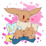  &lt;3 1:1 3_toes balls blue_fur blush brown_fur chest_tuft dipstick_tail ears_down eevee female female_on_top fluffy_ears fur hi_res male male/female multicolored_tail nintendo on_top open_mouth pawpads pink_pawpads pivoted_ears plattyneko pok&eacute;mon pok&eacute;mon_(species) shinx simple_background thin_tail toes tongue tuft video_games white_background 