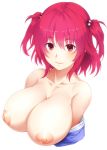  1girl bad_link beads blush breasts closed_mouth collarbone commentary_request cropped_torso hair_beads hair_ornament highres inverted_nipples large_breasts looking_at_viewer nipples onozuka_komachi red_eyes red_hair short_hair simple_background smile solo touhou tro_(trombe) two_side_up upper_body white_background 