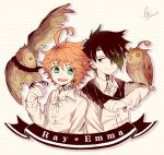  1boy 1girl 728ret :p ahoge animal bird black_hair braid character_name emma_(yakusoku_no_neverland) green_eyes hair_over_one_eye long_sleeves looking_at_another neck_tattoo number_tattoo open_mouth orange_hair owl ray_(yakusoku_no_neverland) scarf shirt short_hair signature simple_background skirt smile standing tattoo tongue tongue_out white_background white_shirt white_skin white_skirt yakusoku_no_neverland 