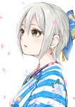  1girl black_eyes blue_bow bow cherry_blossoms earrings floral_print from_side ginnote hair_between_eyes hair_bow idolmaster idolmaster_cinderella_girls japanese_clothes jewelry kimono parted_lips print_kimono shiomi_shuuko short_hair silver_hair simple_background sketch solo striped striped_kimono upper_body white_background yukata 