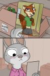  2019 aca anthro blush box canid canine clothed clothing comic crossdressing disney dress female fox fur hi_res judy_hopps lagomorph leporid male mammal nick_wilde rabbit sweat text zootopia 