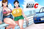  2girls bare_shoulders belly black_hair blue_eyes blush breasts brown_hair car cleavage curvy ground_vehicle highres huge_breasts large_breasts long_hair looking_at_viewer motor_vehicle multiple_girls original plump purple_eyes smile standing thick_thighs thighs toroboro twintails wide_hips 
