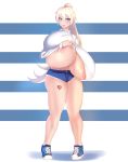  absurdres blonde_hair breasts gigantic_breasts heart heart_tattoo highres long_hair mole mole_under_mouth myuunium nipples original ponytail purple_eyes shirt shoes short_shorts shorts striped striped_background tattoo tongue tongue_out white_shirt 