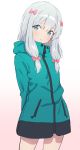  1girl :t arms_behind_back bangs blue_eyes bow commentary_request eromanga_sensei eyebrows_visible_through_hair gradient gradient_background hair_bow head_tilt highres hood hoodie izumi_sagiri long_hair long_sleeves looking_at_viewer nekoshoko pink_bow pout silver_hair simple_background solo 