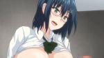  1girl animated animated_gif black_hair breast_grab breasts censored glasses grabbing handjob huge_breasts ikkyuu_nyuukon nipples penis queen_bee school_uniform 