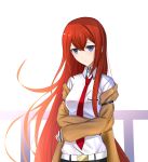  1girl belt blue_eyes brown_coat coat collared_shirt cropped_arms eyebrows_visible_through_hair floating_hair hair_between_eyes highres long_hair looking_at_viewer makise_kurisu necktie open_clothes open_coat red_hair red_neckwear roi_(liu_tian) shirt simple_background solo steins;gate upper_body very_long_hair white_background white_shirt wing_collar 