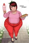  1girl belly blush breasts cleavage fat food full_body green_eyes hairband highres hot_dog ice_cream large_breasts looking_at_viewer original parted_lips plump red_hair short_hair smile solo standing thick_thighs thighs toroboro wide_hips 