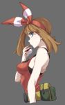  1girl bare_arms bare_shoulders belt blue_eyes breasts brown_hair creatures_(company) cropped_torso flipped_hair from_side game_freak hair_ornament hairband haruka_(pokemon) highres medium_breasts nintendo poke_ball pokemon pokemon_(game) pokemon_oras pouch pretty-purin720 red_hairband red_shirt shirt sleeveless sleeveless_shirt solo upper_body 