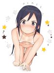  1girl all_fours aragaki_ayase bikini blue_eyes blue_hair blush breasts character_name collarbone commentary_request highres idemitsu looking_at_viewer micro_bikini navel ore_no_imouto_ga_konna_ni_kawaii_wake_ga_nai simple_background small_breasts solo star swimsuit white_background white_bikini 