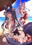  2girls :d adapted_costume alternate_costume animal_ears arm_at_side bare_shoulders barefoot beach bikini black_bikini blue_eyes blue_hair blue_sky breasts covered_navel day erune fang flower fox_shadow_puppet granblue_fantasy hair_flower hair_ornament hair_ribbon halterneck highres horizon leaning_forward long_hair looking_at_viewer medium_breasts multiple_girls non-web_source one-piece_swimsuit open_mouth oriental_umbrella outdoors page_number red_eyes red_swimsuit ribbon sideboob sidelocks sitting sky smile socie_(granblue_fantasy) super_zombie sweatdrop swimsuit tail thigh_strap twintails umbrella very_long_hair yuel_(granblue_fantasy) 
