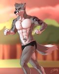  2019 5_fingers abs anthro canid canine canis clothing digital_media_(artwork) feralise fur male mammal muscular solo tattoo wolf 
