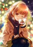  1girl ;d black_legwear black_scarf blurry_foreground brown_coat brown_eyes brown_hair christmas_tree coat duffel_coat eyebrows_visible_through_hair highres holding koyama_sao lens_flare long_sleeves looking_at_viewer miniskirt one_eye_closed open_clothes open_coat open_mouth original outdoors pantyhose pleated_skirt scarf short_hair skirt smile snow_globe solo squatting winter_clothes winter_coat yellow_skirt 