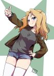  1girl artist_name black_shirt blonde_hair blue_eyes blue_shorts bob_(you-u-kai) breasts brown_jacket closed_mouth commentary cutoffs denim denim_shorts dutch_angle emblem girls_und_panzer hair_intakes hand_on_hip head_tilt highres jacket kay_(girls_und_panzer) long_hair long_sleeves medium_breasts military military_uniform open_clothes open_jacket saunders_military_uniform shirt short_shorts shorts signature skindentation smile solo star starry_background thighhighs thighs thumbs_up uniform white_legwear 