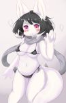  2018 anthro bikini black_hair blush breasts canid canine clothed clothing eigetsu female fur hair hi_res looking_at_viewer mammal micro_bikini navel purple_eyes scarf solo standing swimwear white_fur 