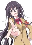  1girl amakusa_shino black_hair blush bow bowtie eyebrows_visible_through_hair hair_between_eyes hand_on_hip ixy long_hair long_sleeves looking_at_viewer open_mouth purple_eyes red_neckwear school_uniform seitokai_yakuindomo simple_background smile solo white_background 