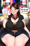  1girl beer_mug blush bra breasts brown_eyes brown_hair cleavage curvy hair_ornament huge_breasts long_hair looking_at_viewer navel open_mouth original plump see-through sitting smile solo thick_thighs thighs toroboro underwear wide_hips 