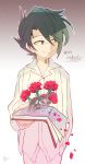  1boy 728ret black_hair book closed_mouth flower gradient gradient_background grey_eyes hair_over_one_eye holding holding_book long_sleeves looking_to_the_side neck_tattoo number_tattoo open_book petals ray_(yakusoku_no_neverland) red_flower shirt short_hair signature simple_background smile solo standing tattoo white_shirt yakusoku_no_neverland 