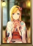  1girl 2018 bangs black_hairband blonde_hair cellphone dated earrings eyebrows_visible_through_hair flower fujimoto_rina grey_eyes hair_between_eyes hair_flower hair_ornament hairband holding holding_phone idolmaster idolmaster_cinderella_girls japanese_clothes jewelry kimono long_hair looking_at_viewer mirror nail_polish phone print_kimono red_flower red_nails smartphone smile solo swept_bangs upper_body very_long_hair white_kimono yodokawa_(yukko) yukata 