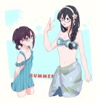  2girls achii_adachi aqua_bikini arms_behind_back bikini black_hair blue-framed_eyewear blue_eyes braid breasts brown_hair casual_one-piece_swimsuit cropped_legs flat_chest glasses green_eyes hair_over_shoulder hairband height_difference highres kantai_collection long_hair multicolored_hair multiple_girls okinami_(kantai_collection) one-piece_swimsuit ooyodo_(kantai_collection) pink_hair plaid plaid_bikini sarong semi-rimless_eyewear short_hair single_braid small_breasts swimsuit under-rim_eyewear white_hairband white_sarong 