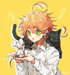  ! 1girl 2boys :o ? ahoge animal animal_ears animal_on_shoulder artist_name black_hair blush cat cat_ears cat_on_shoulder cat_tail ears emma_(yakusoku_no_neverland) green_eyes holding holding_animal long_sleeves looking_at_another mouse mouse_ears mouse_tail multiple_boys neck_tattoo norman_(yakusoku_no_neverland) open_mouth orange_hair personification ray_(yakusoku_no_neverland) sapphire_4825 seiza shirt short_hair simple_background sitting surprised tail tattoo white_shirt yakusoku_no_neverland yellow_background 