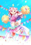  1girl bangs blue_sky crop_top cure_yell daisy floating_hair flower full_body hair_flower hair_ornament hair_ribbon heart heart_hair_ornament highres hugtto!_precure jumping lazy_orange long_hair looking_at_viewer midriff miniskirt navel pink_eyes pink_hair pink_skirt pleated_skirt pom_poms precure red_ribbon ribbon see-through short_sleeves shoulder_cutout skirt sky solo stomach sunlight thighhighs white_flower white_legwear 