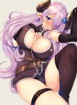  1girl bare_shoulders black_dress blue_eyes blush breasts cleavage_cutout closed_mouth draph dress granblue_fantasy hair_ornament hair_over_one_eye hairclip highres hinata_sora horns huge_breasts lavender_hair long_hair looking_at_viewer low_tied_hair narmaya_(granblue_fantasy) pointy_ears short_dress sidelocks smile solo thigh_strap thighs 