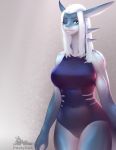  absurd_res anthro clothing female fish gradient_background hair hi_res josa josa_(pustyxox) looking_at_viewer marine one_eye_closed portrait pustyxox shark sharp_teeth simple_background solo swimwear teal_eyes teeth three-quarter_portrait tight_clothing white_hair 