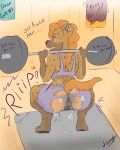  absurd_res animal_genitalia anus big_butt butt crouching exercise external_vagina hi_res hibiyeen hyaenid jester_laughie mammal muscular musk pseudo-penis public ripping_pants spotted_hyena sweat text weightlifting weights workout 
