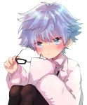  black-framed_eyewear black_pants blue_eyes blue_hair bow bowtie eyewear_removed fate_(series) frown glasses hans_christian_andersen_(fate) highres hoppe_(heroaka49) long_sleeves male_focus pants simple_background sitting white_background 