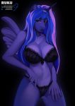  2018 anthro anthrofied big_breasts black_bottomwear black_clothing black_lingerie black_topwear blue_fur blue_hair bra breasts clothed clothing equid equine eye_through_hair feathered_wings feathers female friendship_is_magic fully_clothed fur hair horn horse lingerie lipstick long_hair looking_at_viewer makeup mammal my_little_pony panties pony princess_luna_(mlp) solo tasaeyeang translucent_hair underwear winged_unicorn wings 