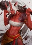  1girl abs black_sclera breasts cleavage collarbone commentary commission english_commentary eyes_closed fangs_out high_ponytail looking_at_viewer martasketch medium_breasts muscle muscular_female navel oni original red_skin sarashi solo white_hair yellow_eyes 