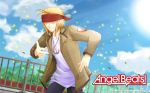  1boy angel_beats! black_legwear blindfold blonde_hair blue_sky cloud cloudy_sky cuffs handcuffs happy headband jacket jewelry key_(company) leaves_in_wind long_sleeves mountainous_horizon necklace open_mouth pants pointing pointing_at_viewer pollen railing shabello shirt short_hair sky smile solo sunlight t-shirt tk_(angel_beats!) white_shirt 