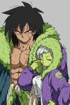  1boy 1girl ;p abs alternate_costume belt blue_coat breasts broly_(dragon_ball_super) cheelai chest coat commentary_request dirty dirty_clothes dirty_face dragon_ball dragon_ball_super_broly finger_to_eye finger_to_face fingernails fur_coat grey_background hand_on_hip height_difference hood hood_down hood_up hooded_coat long_sleeves looking_at_viewer medium_breasts one_eye_closed outsuki purple_coat purple_eyes scar shirt short_hair simple_background standing tongue tongue_out upper_body white_hair white_shirt 