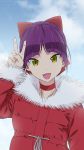  1girl :d akagi_(fmttps) artist_name bangs blue_sky bow cat_girl choker cloud cloudy_sky coat commentary_request day eyebrows_visible_through_hair fangs fur-trimmed_coat fur_trim gegege_no_kitarou hair_bow highres long_sleeves looking_at_viewer nekomusume nekomusume_(gegege_no_kitarou_6) open_mouth outdoors partial_commentary pointy_ears purple_hair red_bow red_choker red_coat short_hair sky smile solo twitter_username upper_body v v-shaped_eyebrows yellow_eyes 