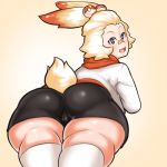  2019 animal_humanoid blush butt cage_(artist) camel_toe clothed clothing eyelashes female hair humanoid lagomorph lagomorph_humanoid legwear looking_at_viewer looking_back mammal nintendo open_mouth pok&eacute;mon pok&eacute;mon_(species) rabbit_humanoid scorbunny socks solo spats thick_thighs video_games 