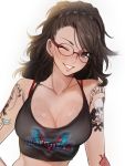  1girl arm_tattoo black_hair bra_strap breasts brown_eyes camisole cleavage collarbone copyright_name crop_top devil_may_cry devil_may_cry_5 freckles glasses grin highres lips long_hair looking_at_viewer nico_(devil_may_cry) nusumenaihxseki smile solo tattoo 