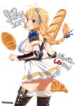 1girl armor ass blonde_hair blue_eyes blush braid bread breasts cleavage evolution_championship_series food green_eyes jewelry large_breasts long_hair panties single_braid solo sophitia_alexandra soul_calibur soulcalibur_vi tongue tongue_out translation_request underwear white_background yamazaki_(now_printing) 