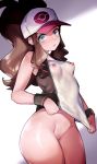  10s 1girl antenna_hair bare_legs baseball_cap blue_eyes bottomless breasts brown_hair creatures_(company) erect_nipples female game_freak hair_ornament hat highres legs long_hair looking_at_viewer nintendo nipples pokemon pokemon_(game) pokemon_bw ponytail pussy roropull solo touko_(pokemon) uncensored upper_body very_long_hair 