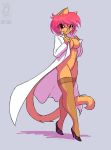  2019 anthro bottomless breasts clothed clothing conditional_dnp domestic_cat eyewear felid feline felis female footwear fur glasses grey_background hair high_heels jollyjack lab_coat legwear mammal maxi_(jollyjack) pink_hair pubes red_eyes shoes simple_background stockings tan_fur 