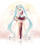  1girl absurdly_long_hair absurdres angel_wings blue_eyes blue_hair blue_nails blue_neckwear blush detached_sleeves eyebrows_visible_through_hair falling feathered_wings fingernails floating frilled_skirt frills full_body gradient gradient_background half-closed_eyes happy hatsune_miku head_tilt headset highres holding holding_paper long_hair looking_away nail_polish necktie nokuhashi paper reflection sheet_music shirt simple_background skirt sleeveless sleeveless_shirt smile solo standing thighhighs thighs twintails very_long_hair vocaloid white_background wings 
