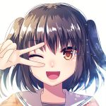  1girl ;d bangs black_hair eyebrows_visible_through_hair eyes_visible_through_hair hakusai_ponzu hand_up kantai_collection looking_at_viewer lowres one_eye_closed open_mouth orange_eyes portrait sailor_collar sendai_(kantai_collection) short_hair simple_background smile solo two_side_up v v_over_eye white_background white_sailor_collar 