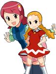  2girls angry ayanokouji_yaito blonde_hair brown_eyes capcom dress female flat_chest hands_on_hips loli long_hair lowres multiple_girls open_mouth pink_hair rockman rockman_exe sakurai_meiru short_hair simple_background smile socks tamagoro tamagoroo_(funifuni_labo) thighhighs 